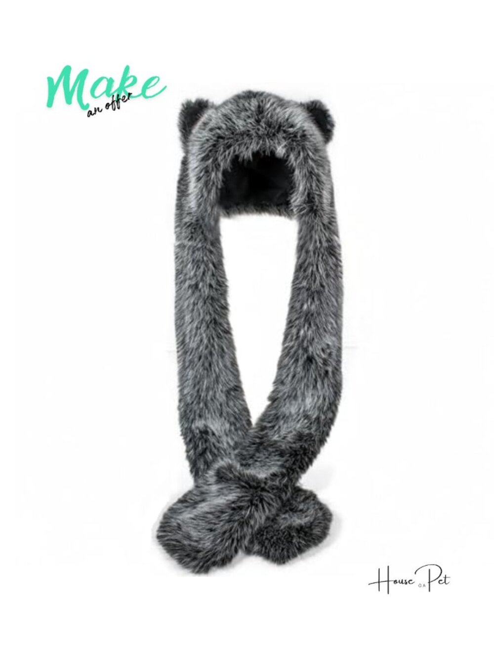 Faux Fur Wolf Hat 3-in-1 Scarf Mittens with Ears and Paws